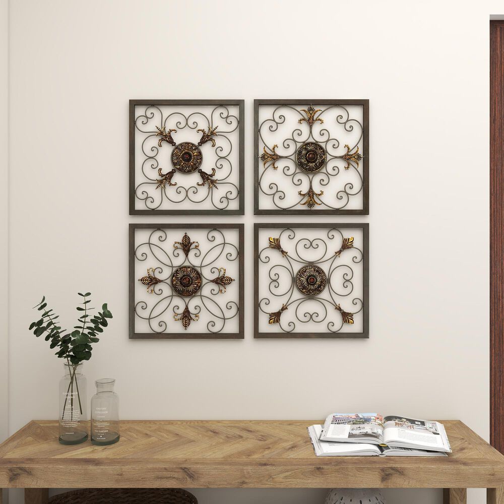 Maple and Jade 16&quot; x 16&quot; Rustic Wall Decor in Gold and Black &#40;Set of 4&#41;, , large