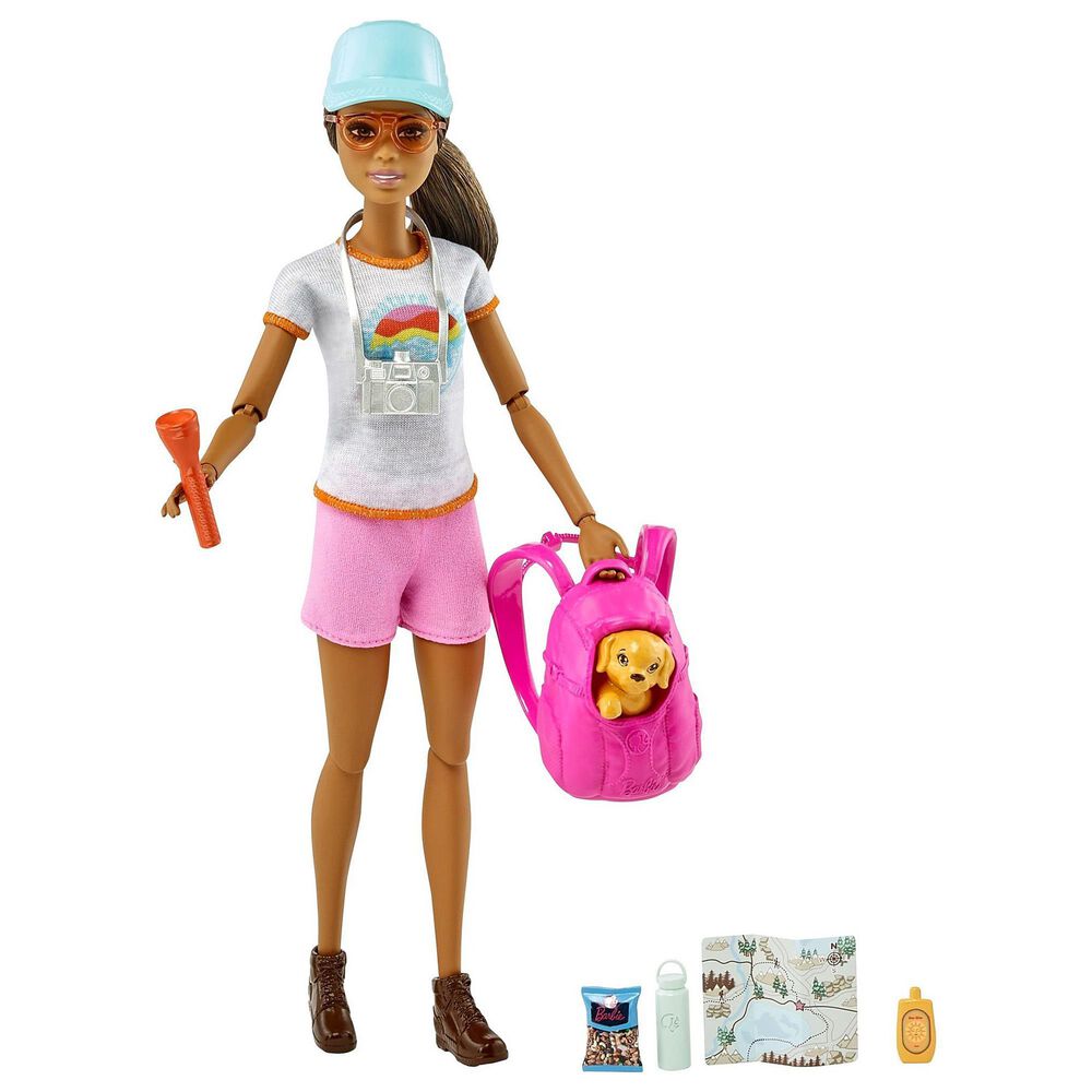 Barbie Barbie Hiking Doll, Brunette with Puppy and 9 Accessories, , large