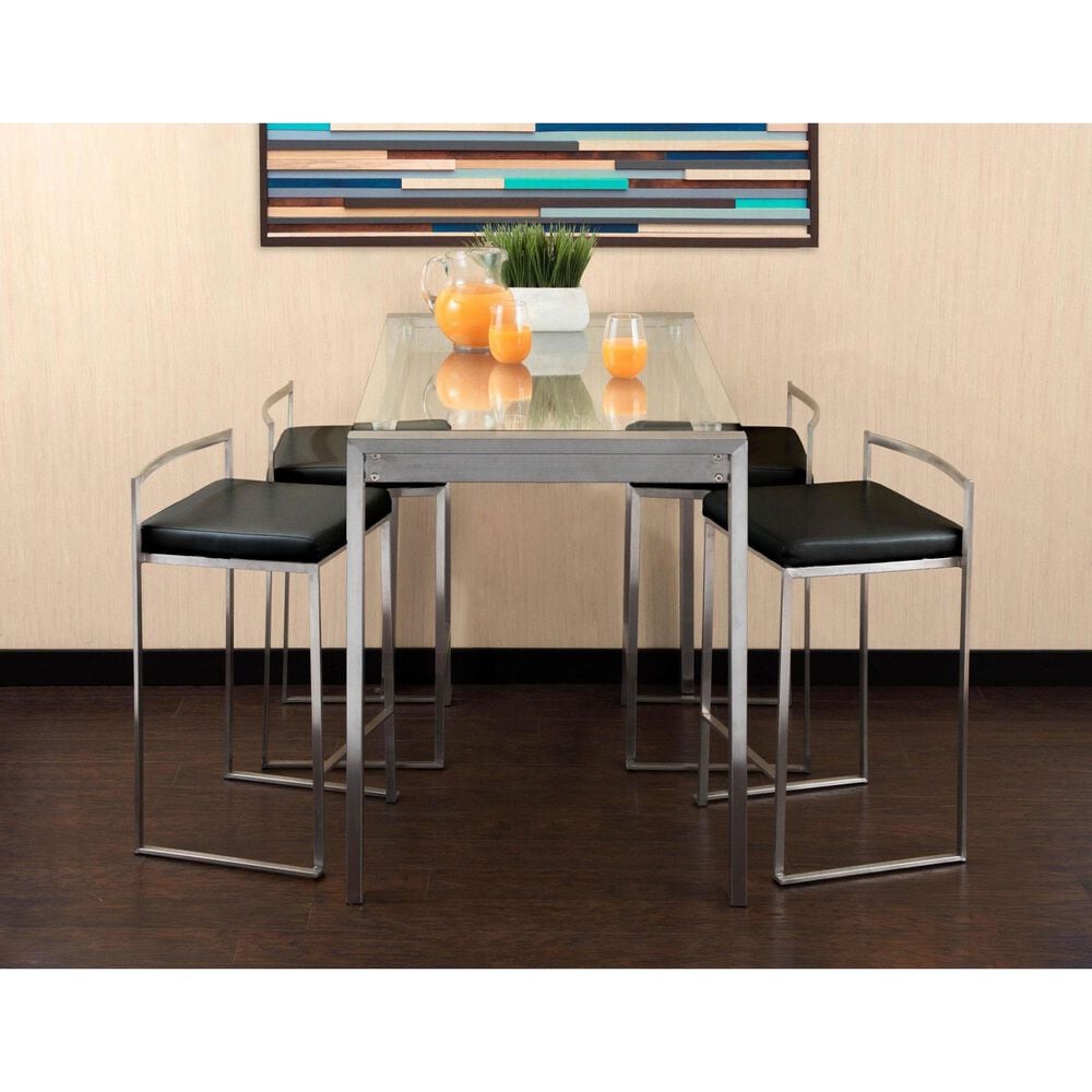 LumiSource Fuji Stackable Counter Stool with Black Faux Leather in Brushed Stainless Steel &#40;Set of 2&#41;, , large