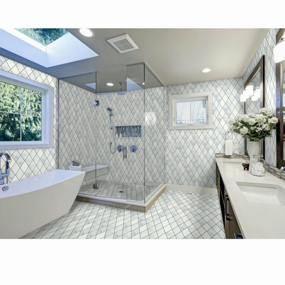 Emser Winter Frost 2&quot; x 4&quot; Diamond on 10&quot; x 13&quot; Marble Mosaic Sheet, , large