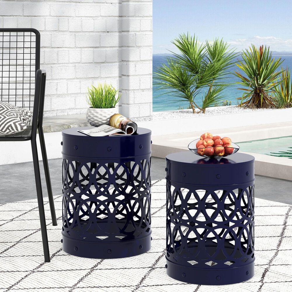 Hearth and Haven Cylindrical-Shaped Iron Patio End Table in Navy Blue &#40;Set of 2&#41;, , large