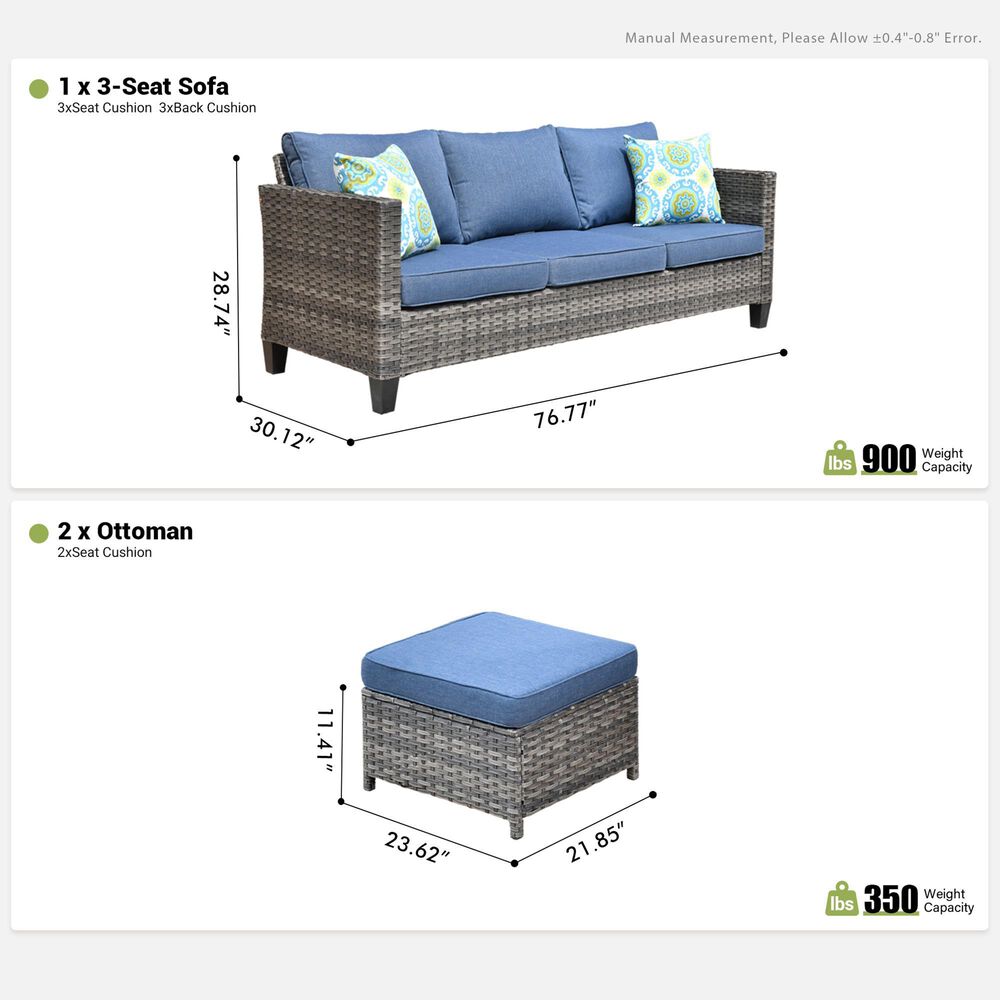 HOMLUX 3-Piece Modular Outdoor Sofa Set with Two Ottomans in Denim Blue, , large