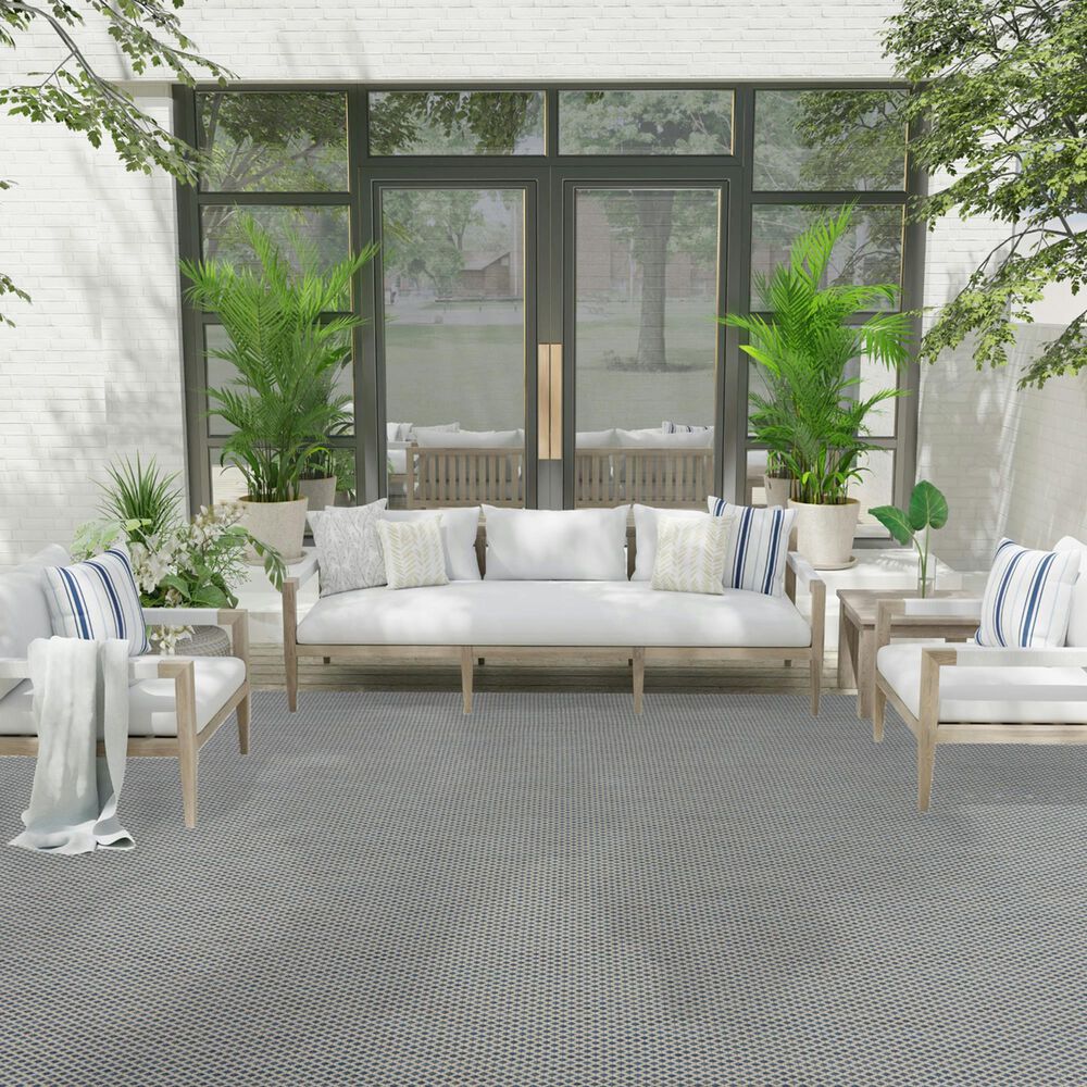 Nourison Courtyard Ivory and Blue 9&#39; x 12&#39; Indoor/Outdoor Area Rug, , large