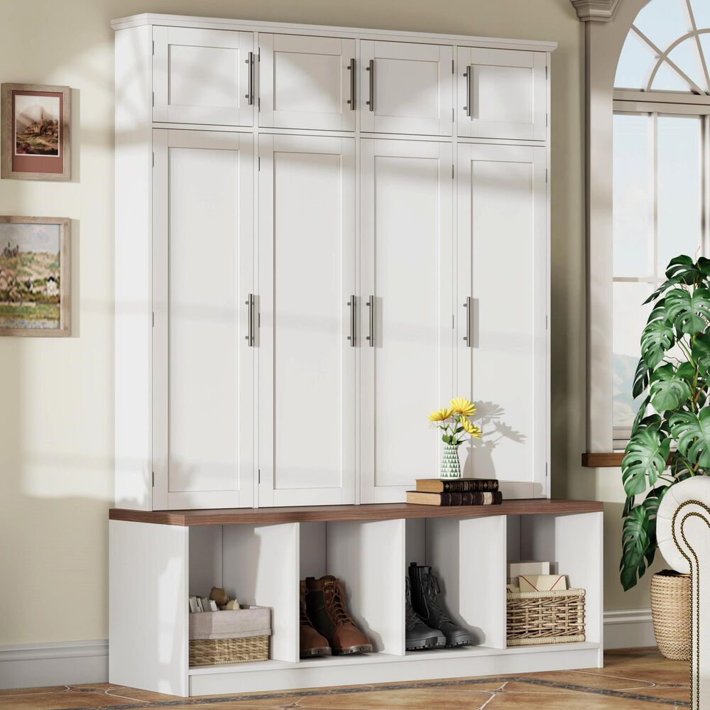 HOMLUX 4-Hook Hall Tree with 8-Door in White and Walnut, , large