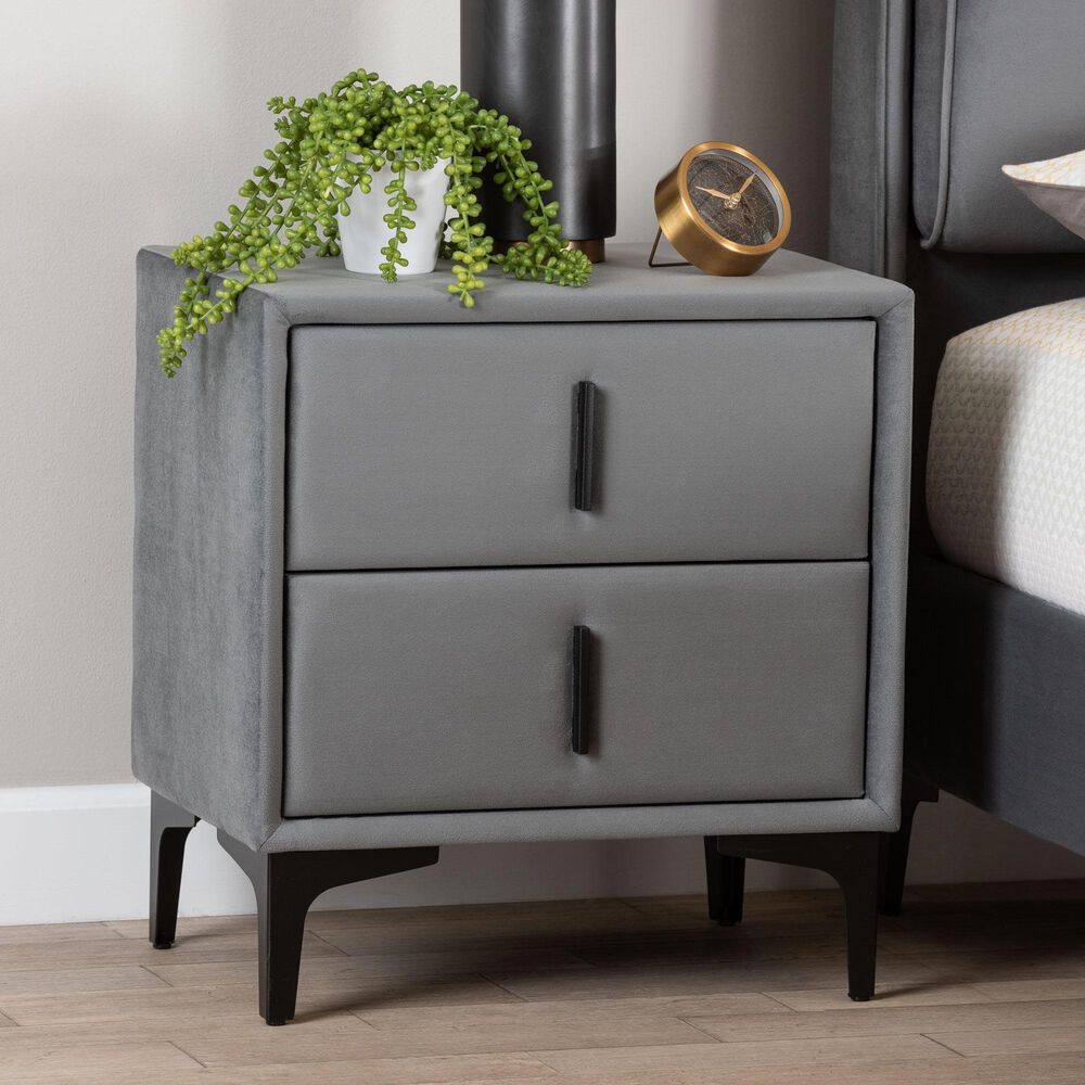 Baxton Studio Etienne 2-Drawer Nightstand with Slate Grey Velvet Upholstery in Black, , large