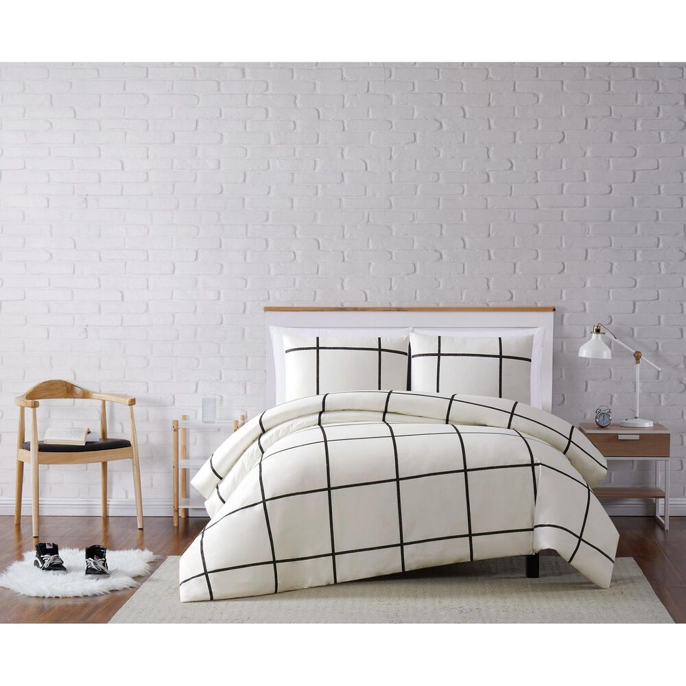 Pem America Truly Soft Windowpane 3-Piece King Duvet Set in Ivory and Black, , large