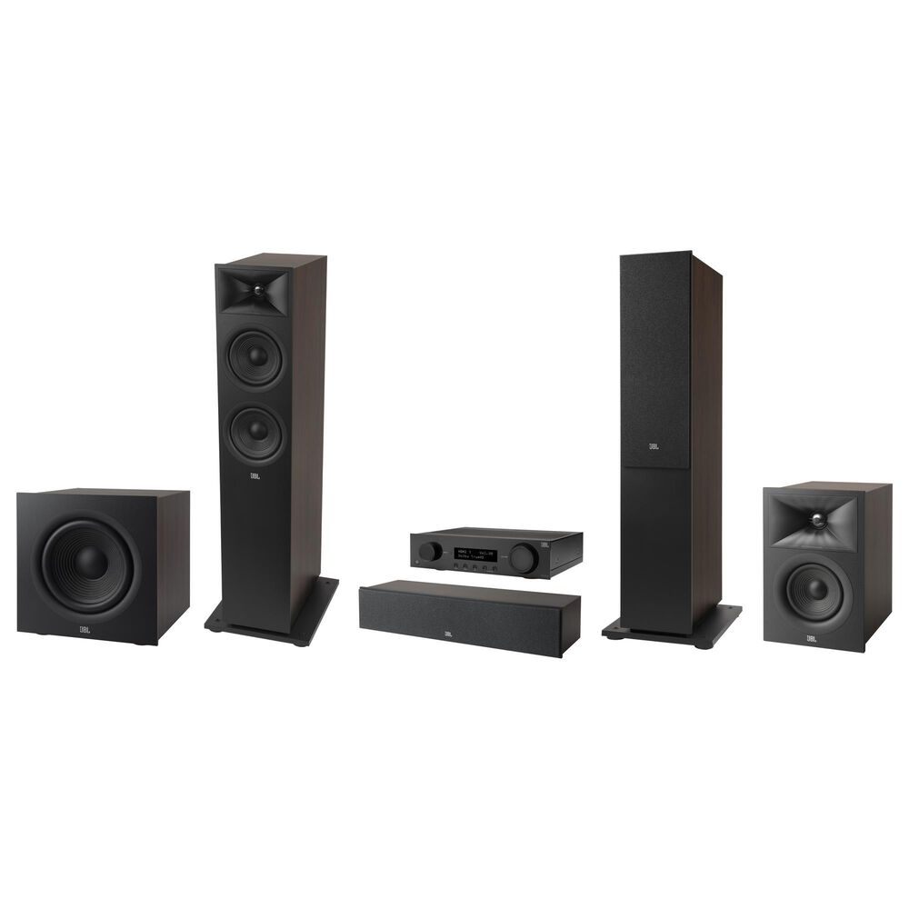 JBL 6.5 Floorstanding Loudspeaker + 4.5 Center Channel Loudspeaker + 4.5 Bookshelf Loudspeaker + 10" Powered Subwoofer in Espresso + 5.2 Channel AV 8K Receiver in Black, , large