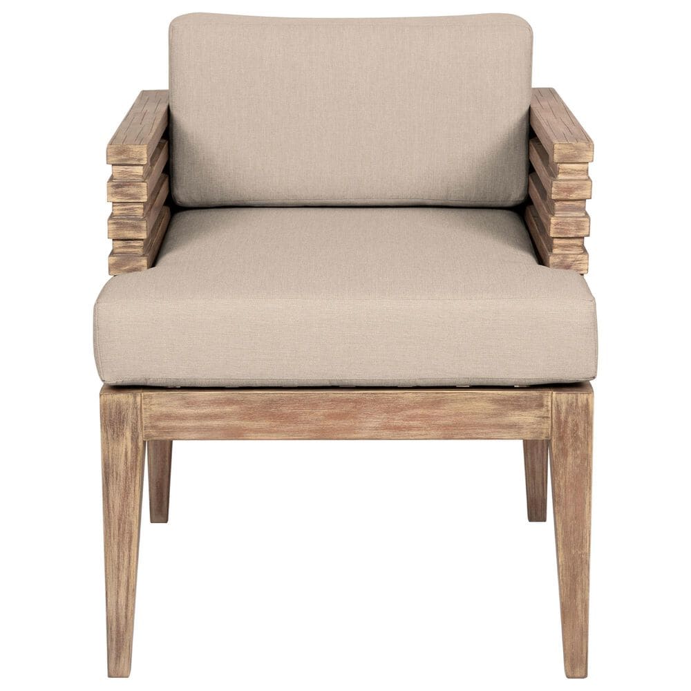 Armen Living Vivid Outdoor Dining Chair with Taupe Cushions in Brown Eucalyptus, , large