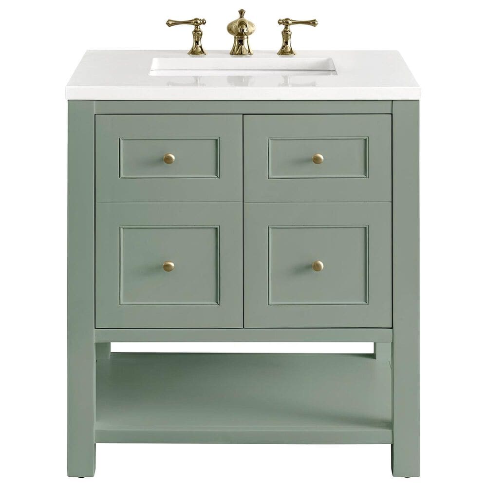 James Martin Vanities Breckenridge 30&quot; Single Bathroom Vanity in Smokey Celadon with 3 cm White Zeus Quartz Top and Rectangular Sink, , large