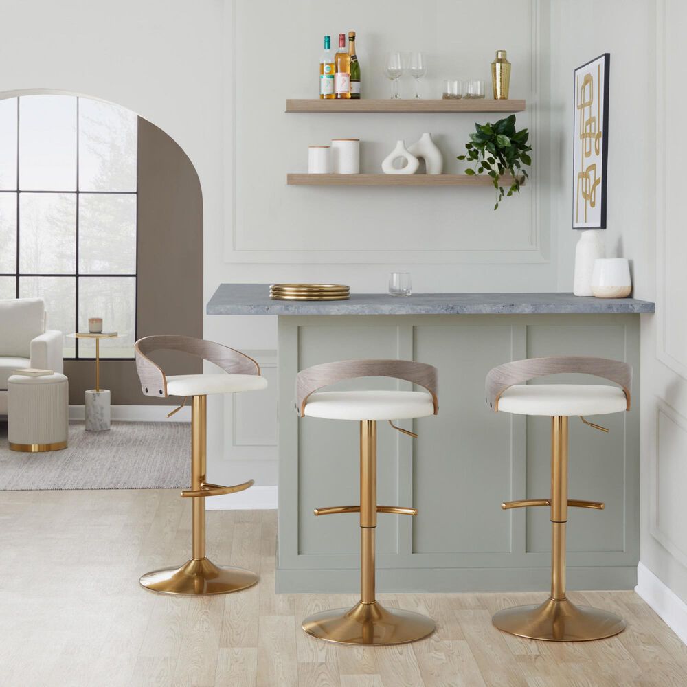 LumiSource Grotto Swivel Barstool with White Faux Leather Upholstery in Gold and Light Grey (Set of 2), , large