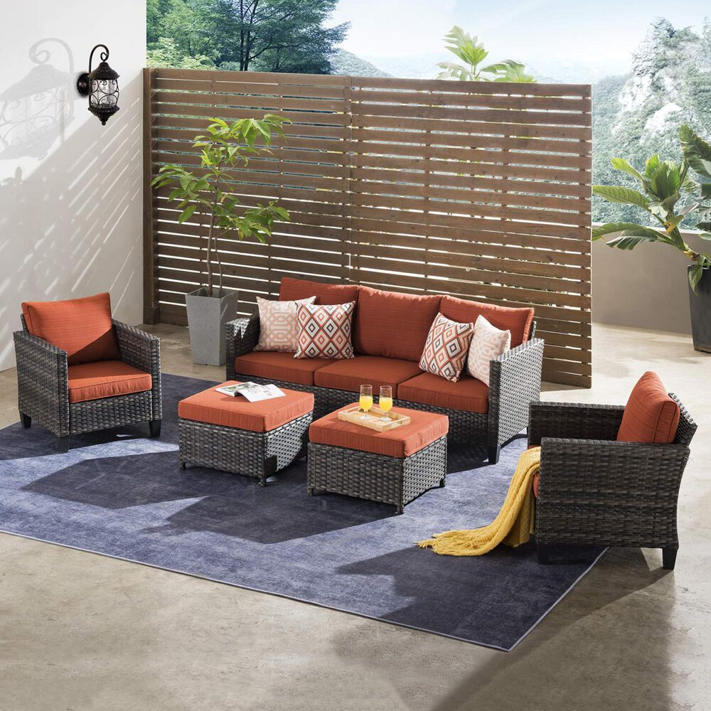 HOMLUX HOMLUX 5-Piece Outdoor Wicker Patio Furniture Set, High Back Rattan Sofa with Chairs, Ottomans &amp; Cushions in Orange Red, , large