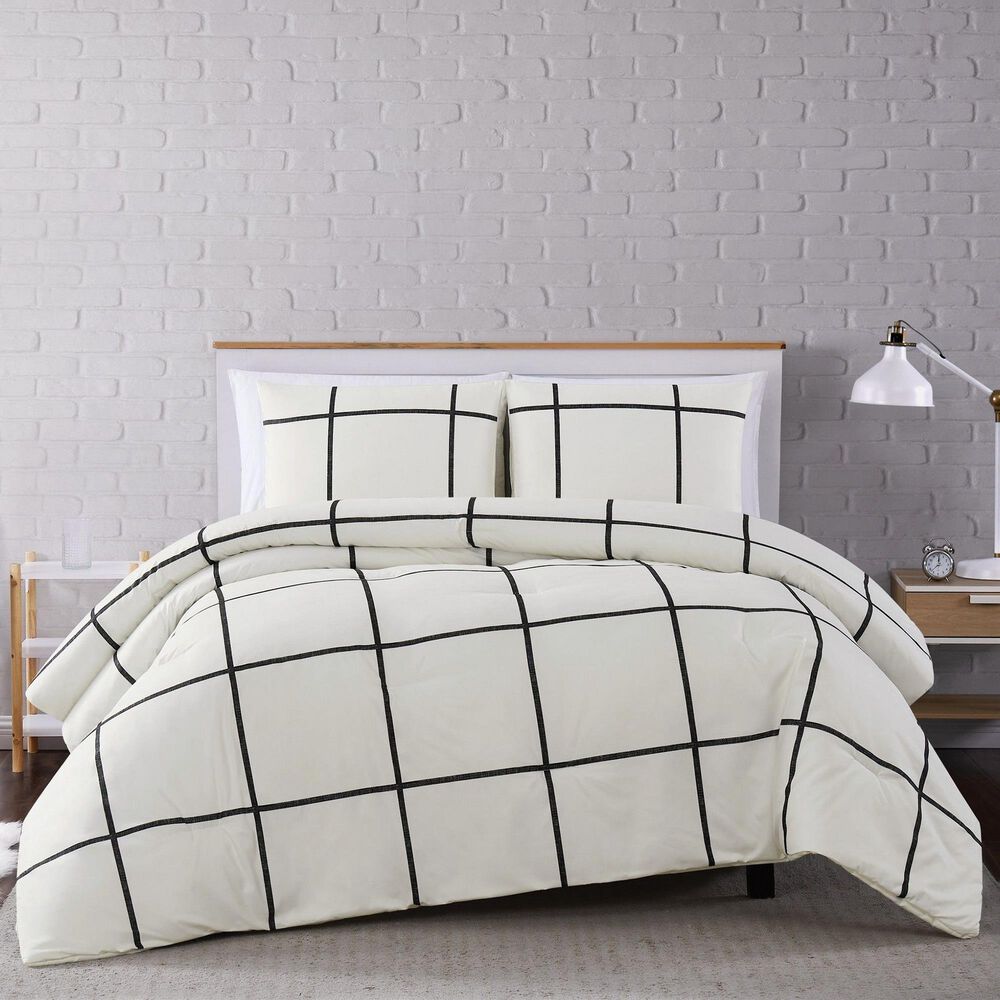 Pem America Truly Soft Windowpane 3-Piece Full/Queen Comforter Set in Ivory/Black, , large