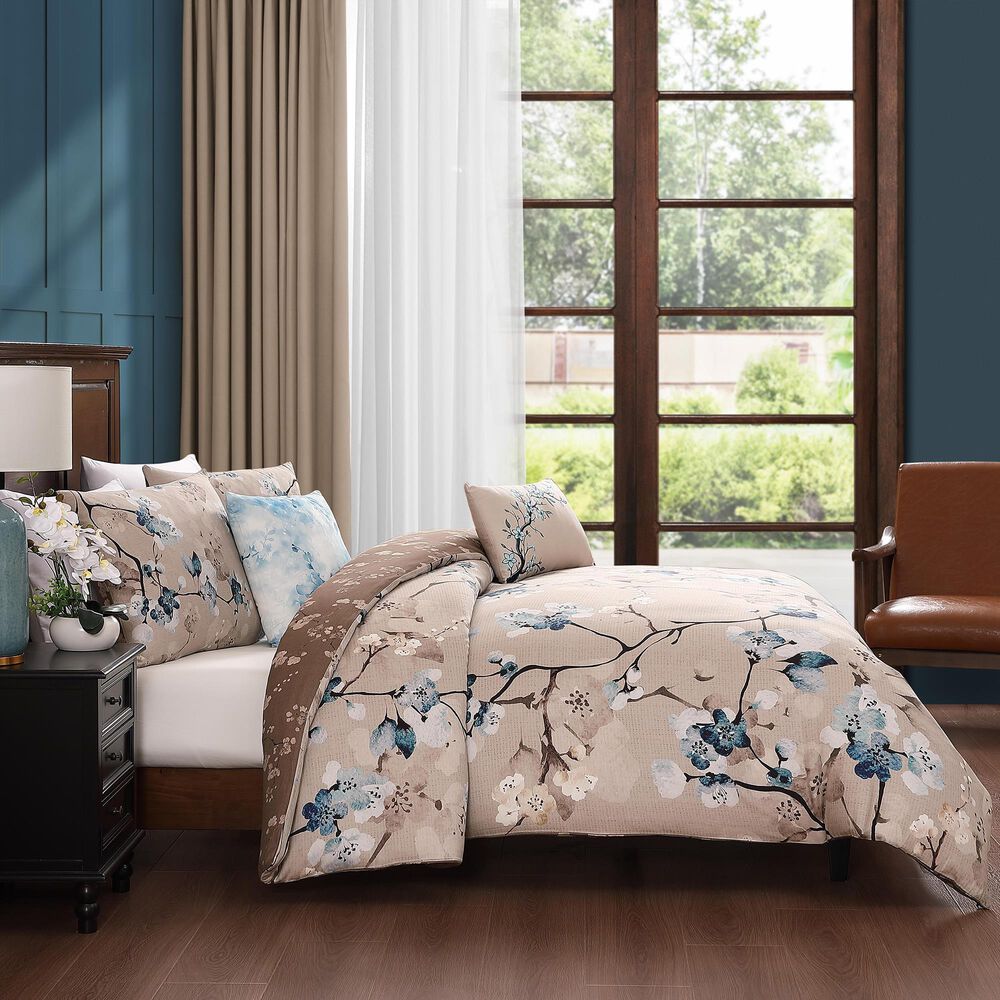 Bebejan Blue Blossom 5-Piece Queen Reversible Comforter Set in Cerulean Blue, Taupe and Dark Brown, , large