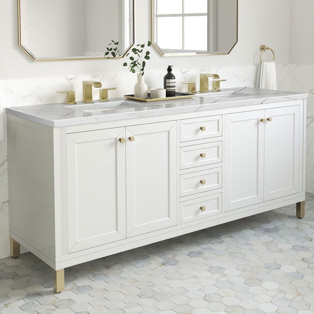 James Martin Vanities Chicago 72" Double Bathroom Vanity in Glossy White with 3 cm Ethereal Noctis Quartz Top, Rectangular Sinks and FreePower Wireless Charger, , large