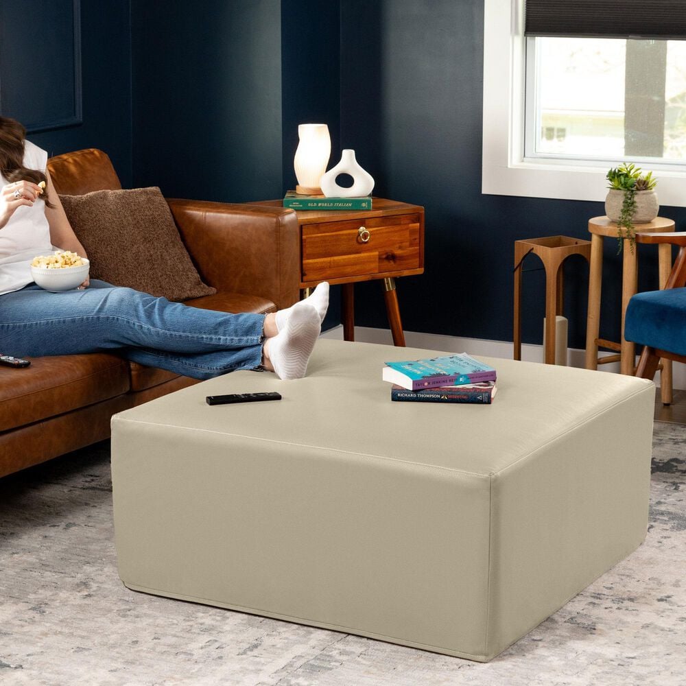 Jaxx Fairlie Faux Leather Ottoman in Natural Beige, , large