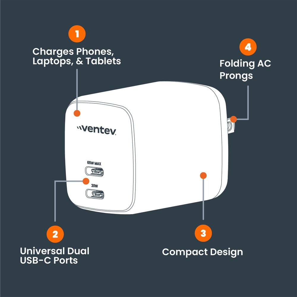 Ventev 65W Dual USB-C GaN Mini Wall Charger in White, , large