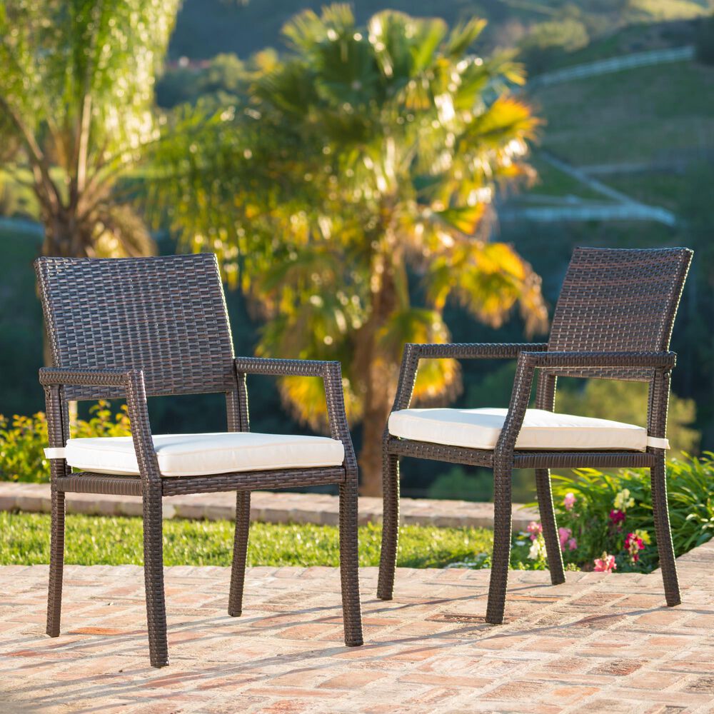Hearth and Haven Rhode Island Rattan Dining Chair with White Cushion in Brown &#40;Set of 2&#41;, , large