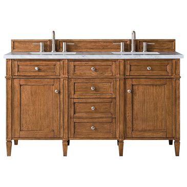 James Martin Brittany 60" Double Bathroom Vanity in Saddle Brown with 3 cm Carrara White Marble Top and Rectangular Sinks, , large