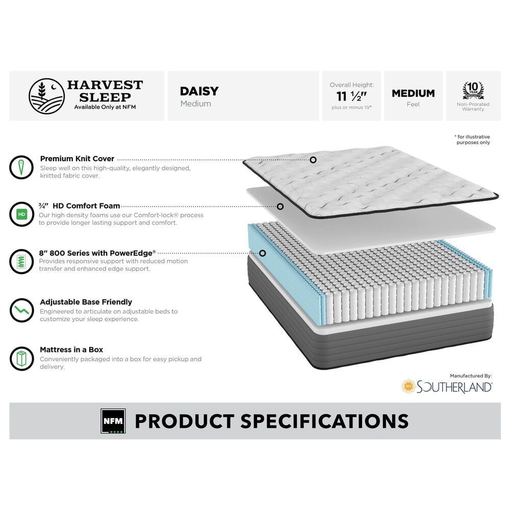 Harvest Sleep Daisy Medium Queen Mattress with Low Profile Box Spring, , large
