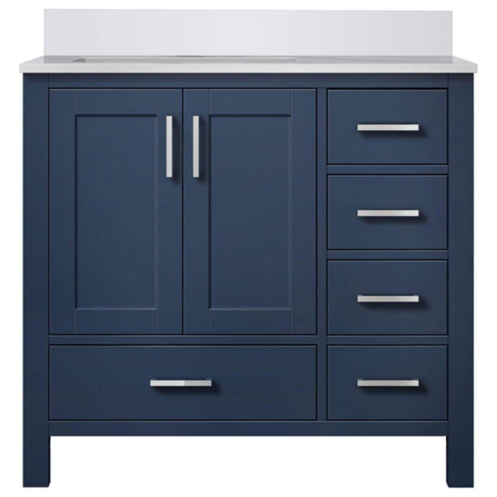 Lexora Home Jacques 36" Left Offset Single Bathroom Vanity in Navy Blue with 2 cm White Quartz Top and Rectangular Sink, , large