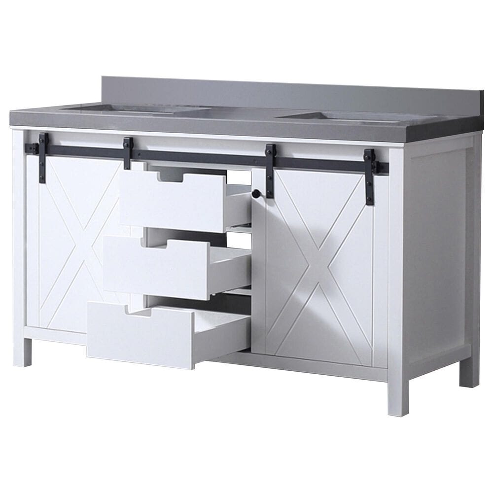 Lexora Home Marsyas 60&quot; Double Bathroom Vanity in White with Grey Quartz Top and Rectangular Sinks, , large