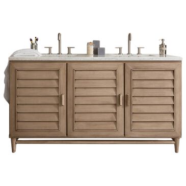 James Martin Vanities Portland 60" Double Bathroom Vanity in Whitewashed Walnut with 3 cm Arctic Fall Solid Surface Top and Rectangular Sinks, , large