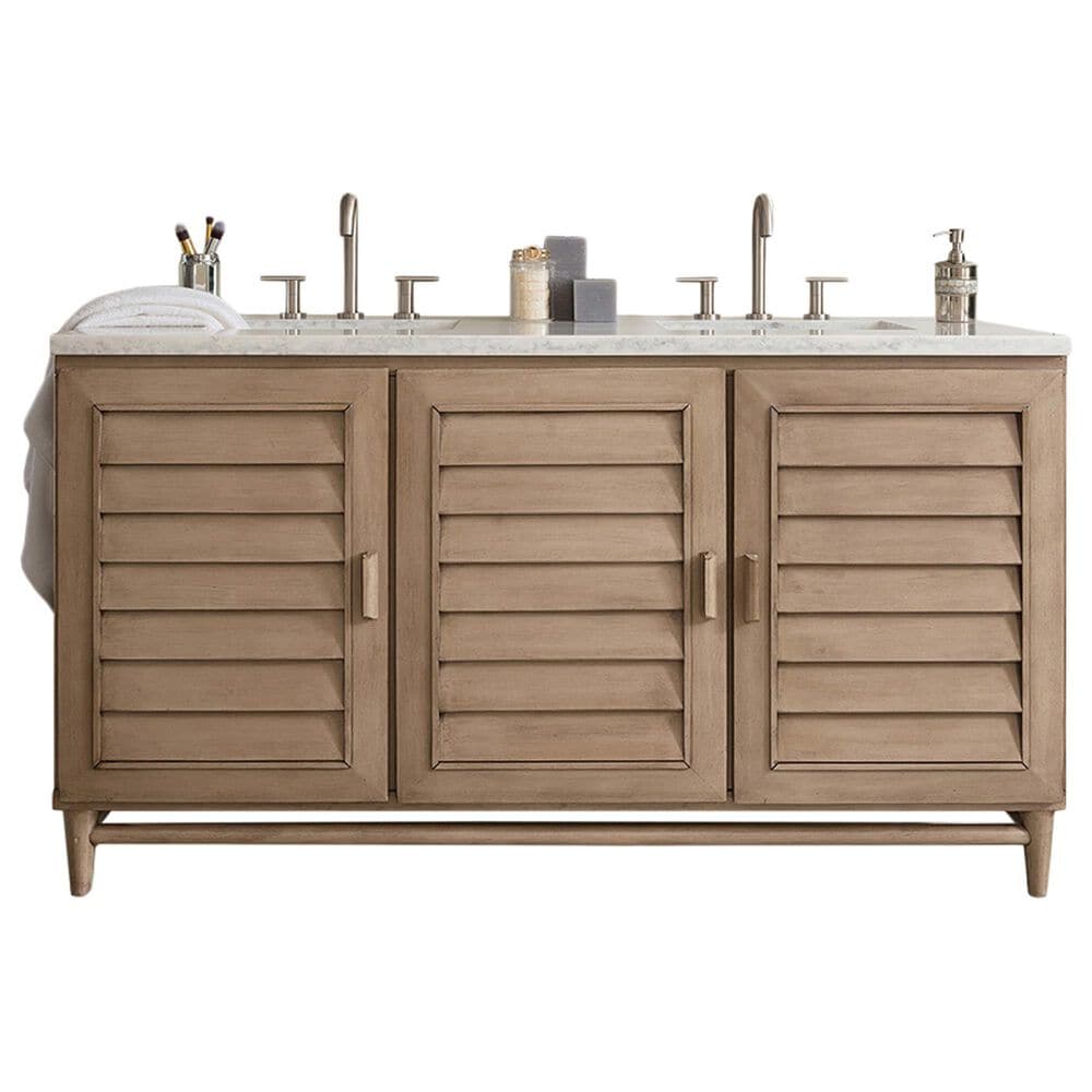 James Martin Vanities Portland 60" Double Bathroom Vanity in Whitewashed Walnut with 3 cm Arctic Fall Solid Surface Top and Rectangular Sinks, , large