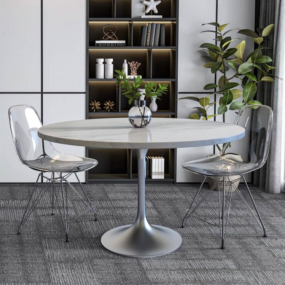 Leisuremod LeisureMod Verve Collection 48 Round Dining Table, Brushed Chrome Base with Laminated White Marbleized Top, , large
