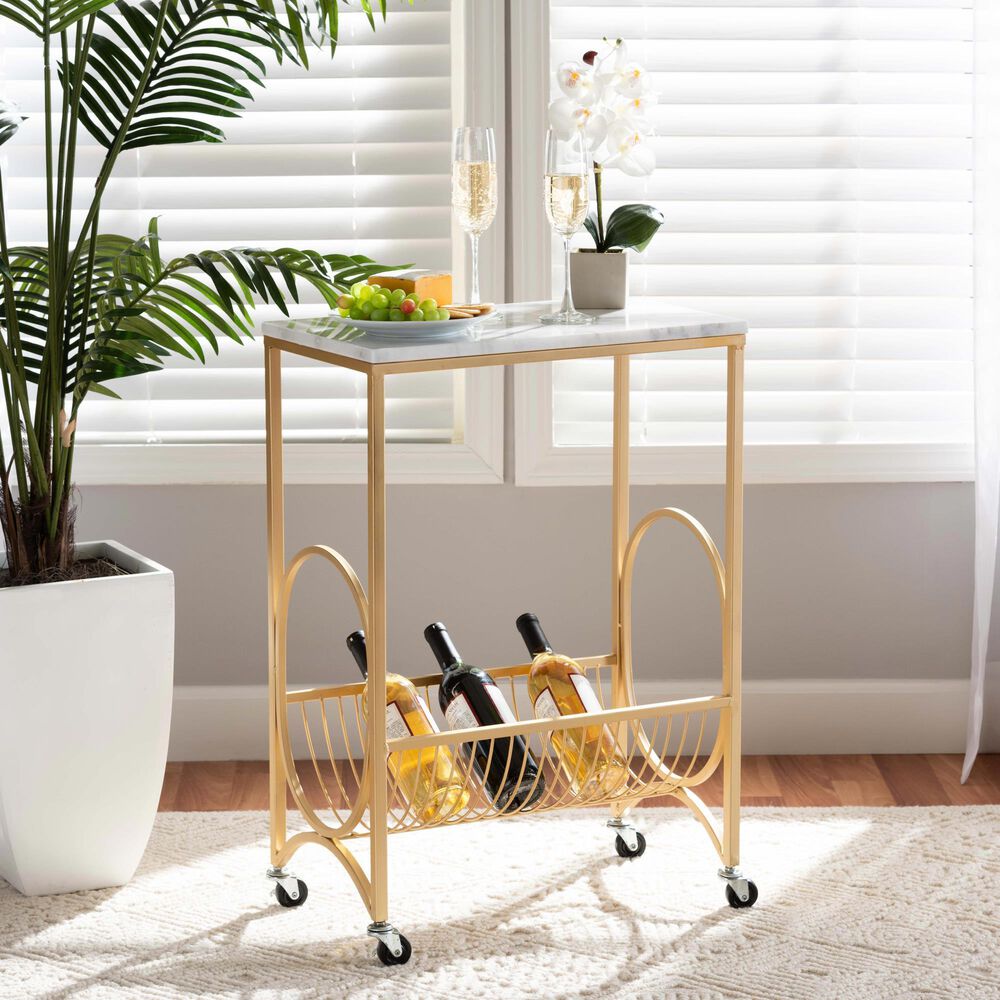 Baxton Studio Jacek Wine Cart in Gold and White Marble, , large