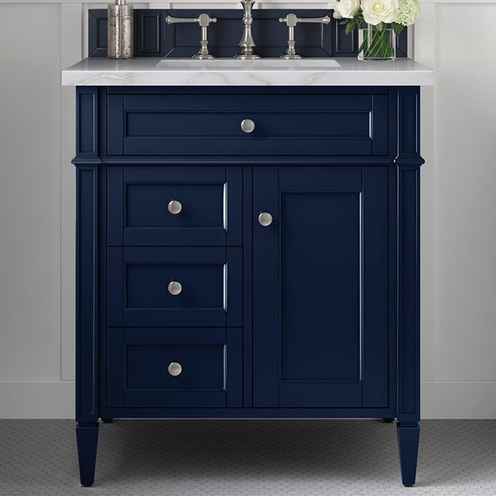 James Martin Vanities Brittany 30&quot; Single Bathroom Vanity in Victory Blue with 3 cm Victorian Silver Quartz Top and Rectangular Sink, , large
