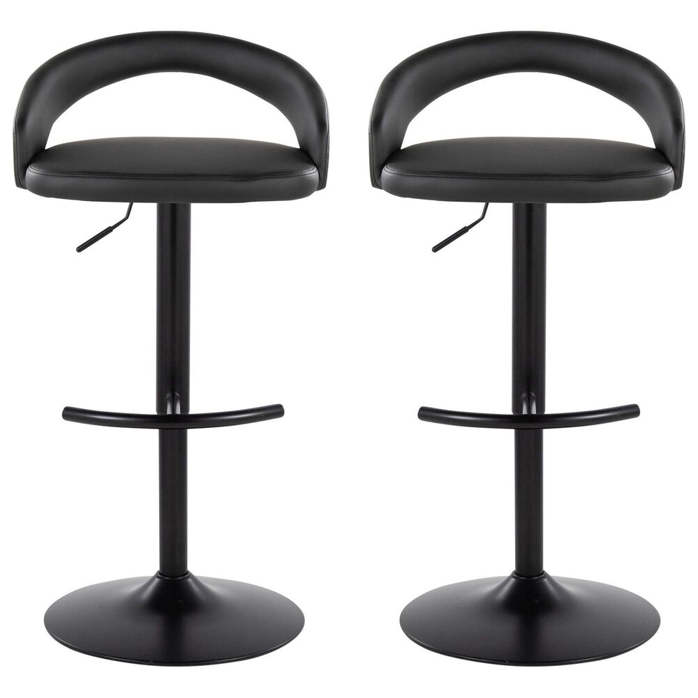 LumiSource Grotto Adjustable Bar Stool with Black Faux Leather Upholstery in Black (Set of 2), , large