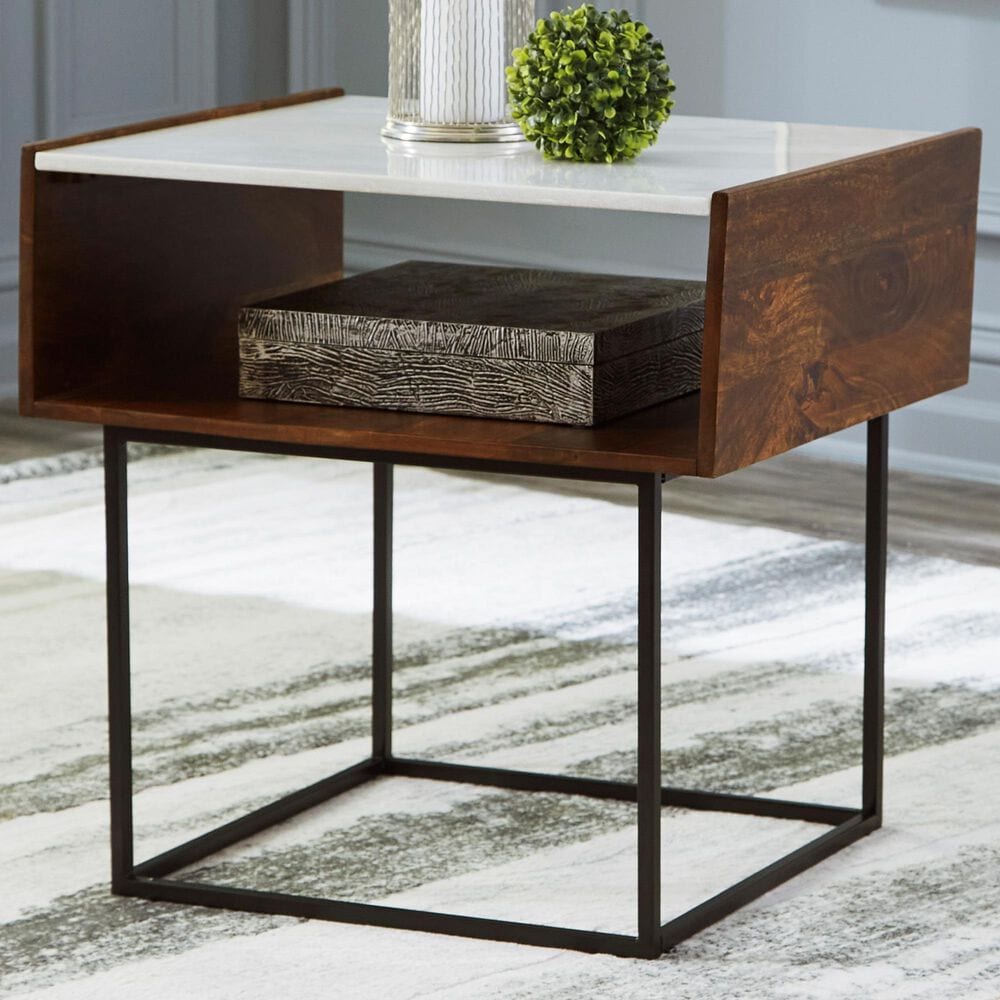 Ashley Rusitori End Table in Light Brown, Matte Black and White, , large
