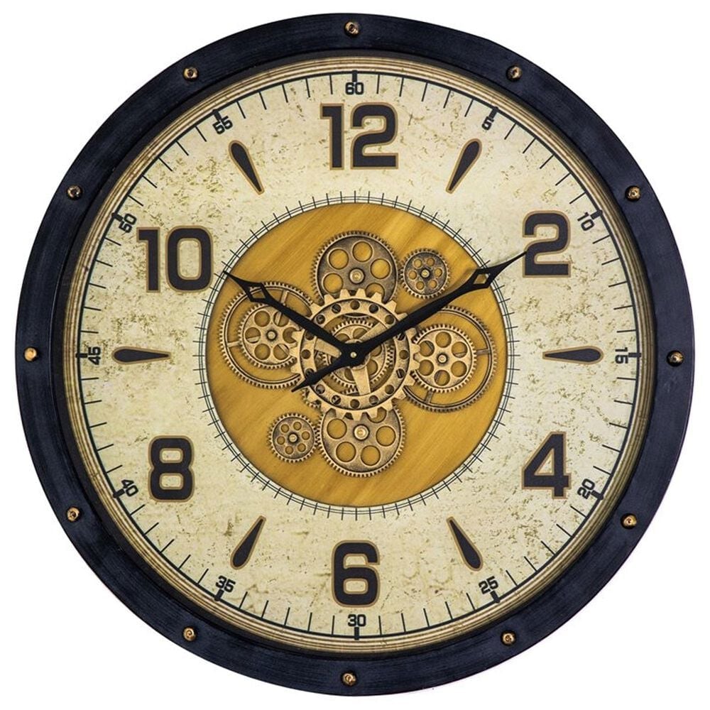 Yosemite Home Decor Venetian Round Gear Wall Clock in Black and Gold, , large
