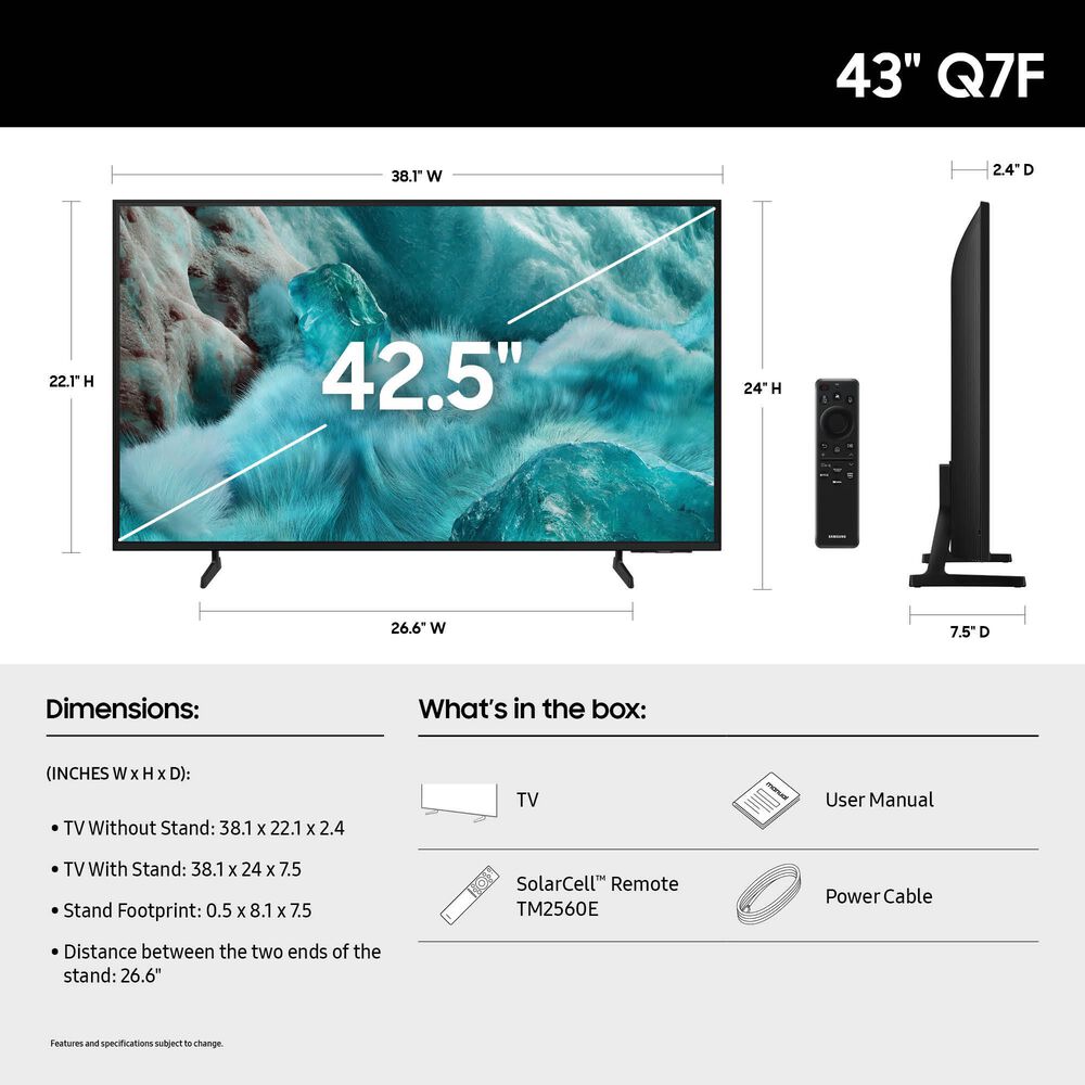 Samsung 43" Class Q7F QLED 4K Vision AI - Smart TV with B-Serie 2.0 Channel Soundbar in Black and Titan Black, , large