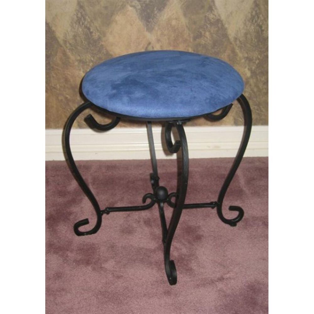 International Caravan Round Iron Vanity Stool with Cushion in Indigo, , large