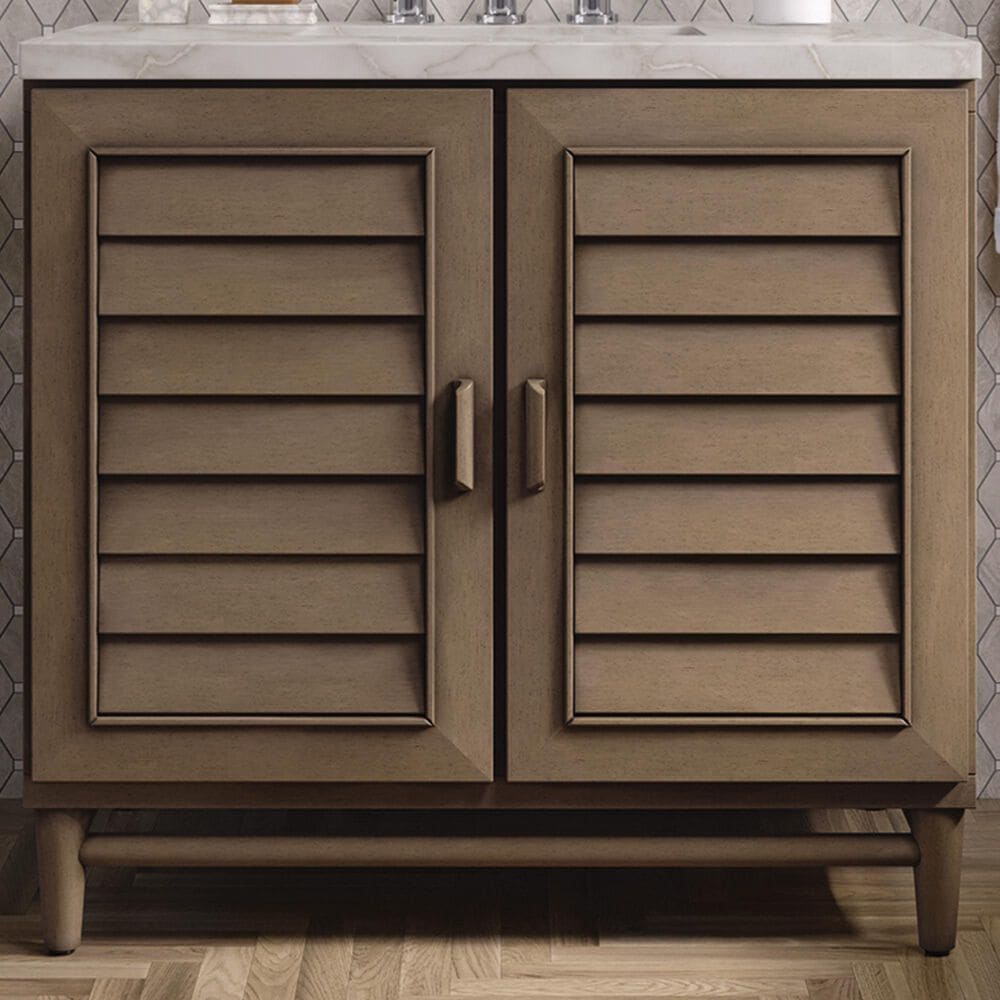 James Martin Vanities Portland 36&quot; Single Bathroom Vanity in Whitewashed Walnut with 3 cm Victorian Silver Quartz Top and Rectangular Sink, , large
