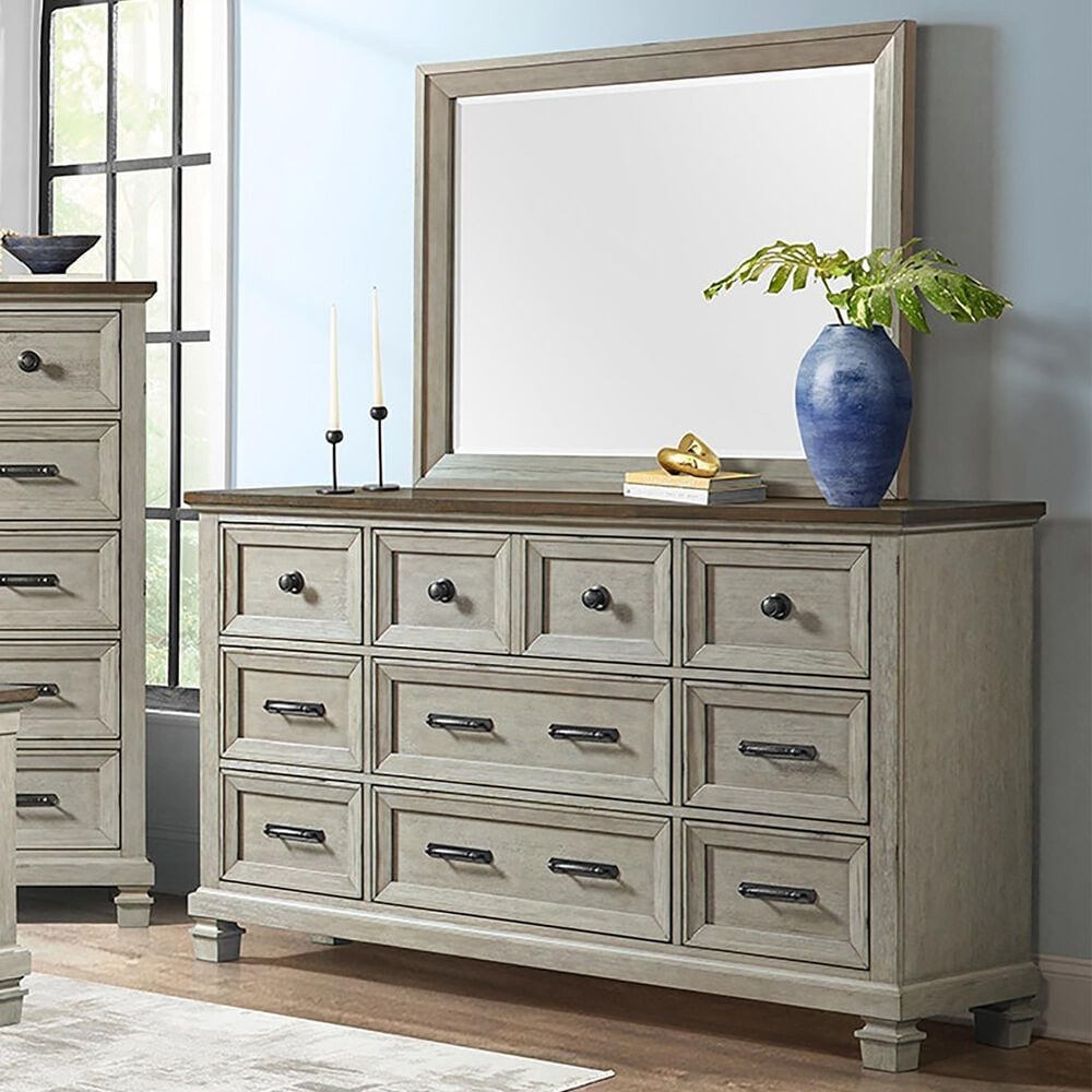 Mayberry Hill Farmington 9-Drawer Dresser and Mirror in Medium Brown and Washed Stone, , large