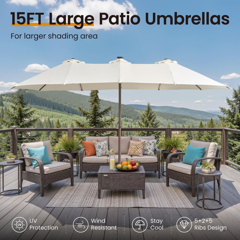 HOMLUX 15' Double-Sided Outdoor Market Umbrella with Sandbag Base and RGB LED Lights in White, , large