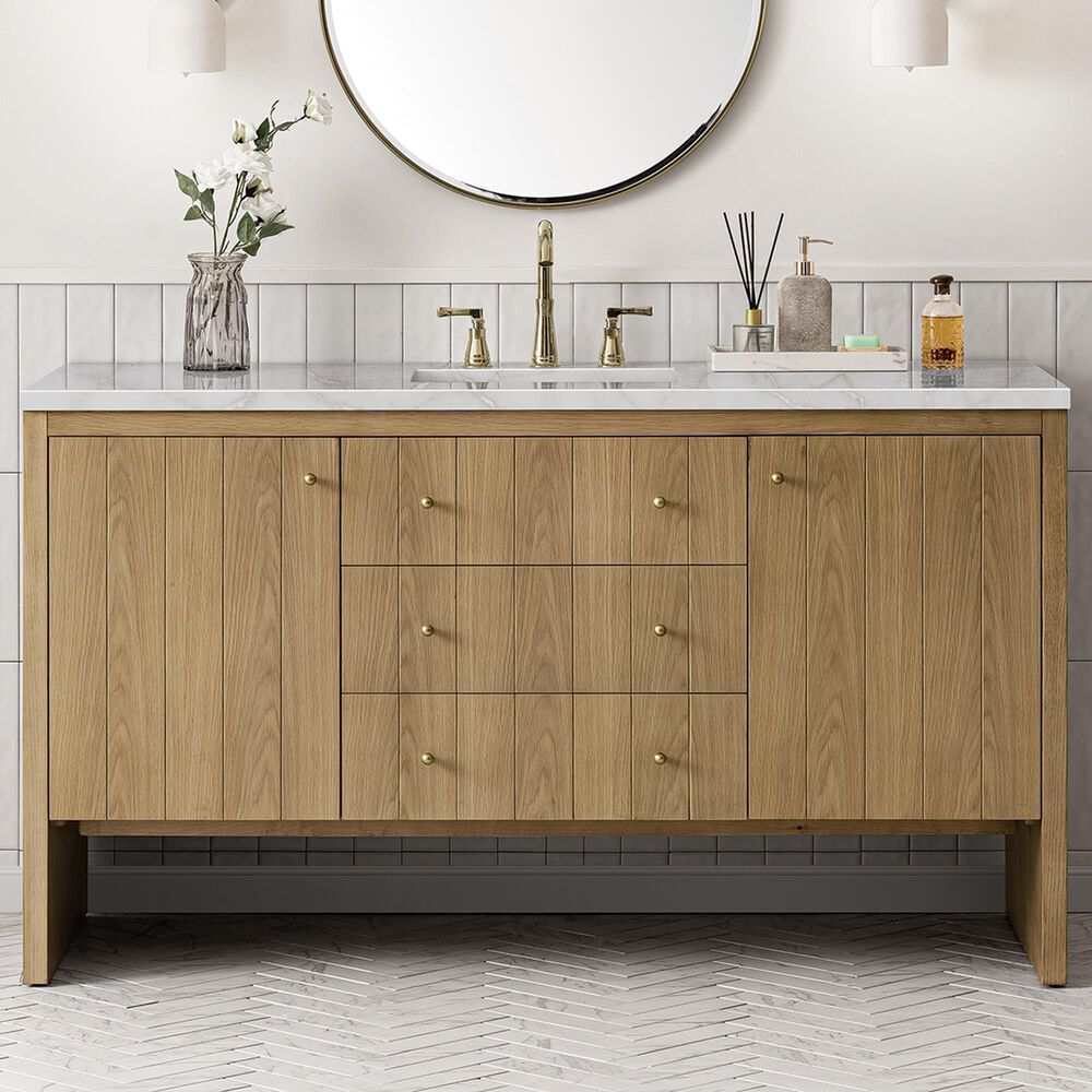 James Martin Vanities Hudson 60" Single Bathroom Vanity in Light Natural Oak with 3 cm Victorian Silver Quartz Top and Rectangular Sink, , large