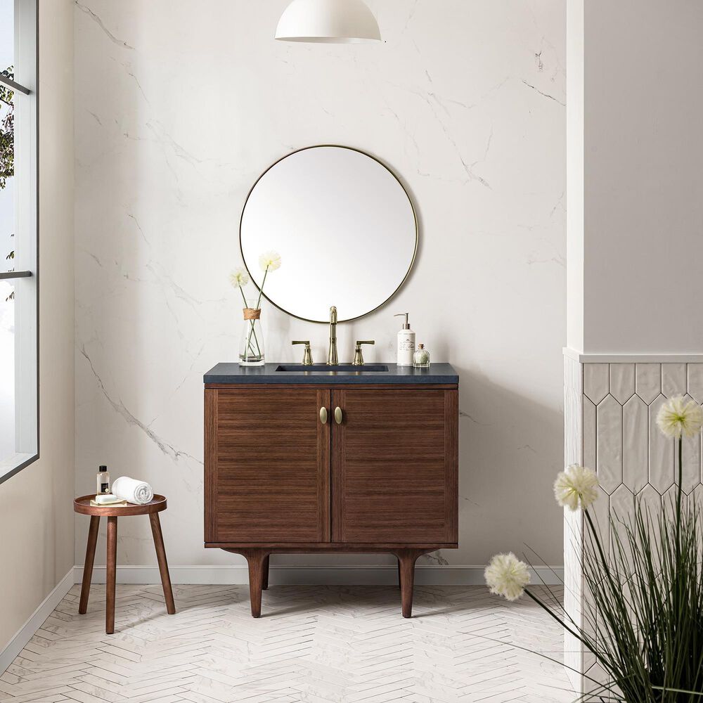 James Martin Vanities Amberly 36&quot; Single Bathroom Vanity in Walnut with 3 cm Charcoal Soapstone Quartz Top and Rectangular Sink, , large