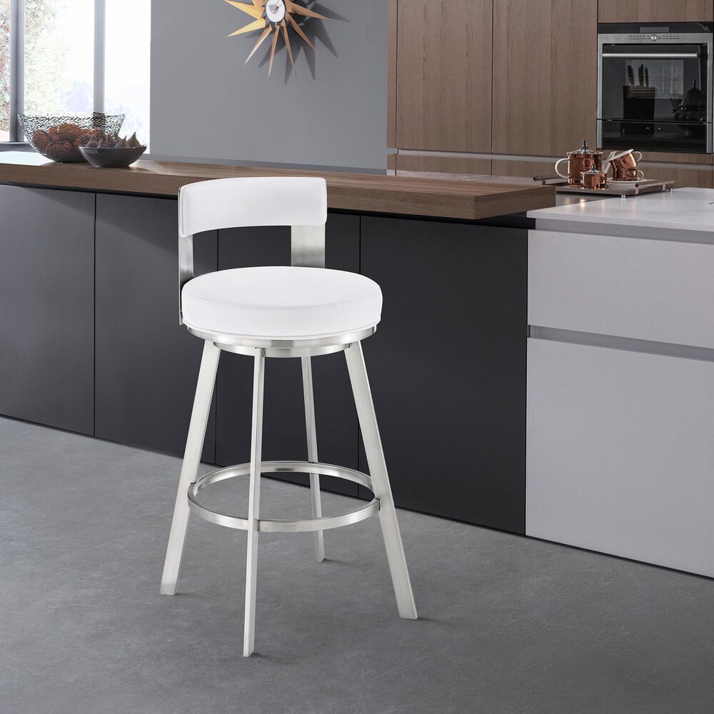 Blue River Flynn 26&quot; Swivel Counter Stool with White Cushion in Brushed Stainless Steel, , large