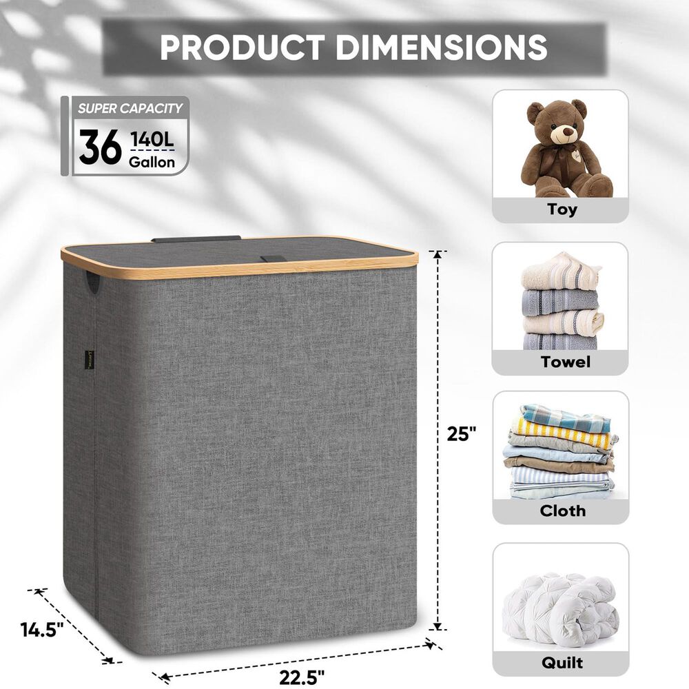 HOMLUX 36 Gallon Laundry Hamper with Lid in Grey, , large