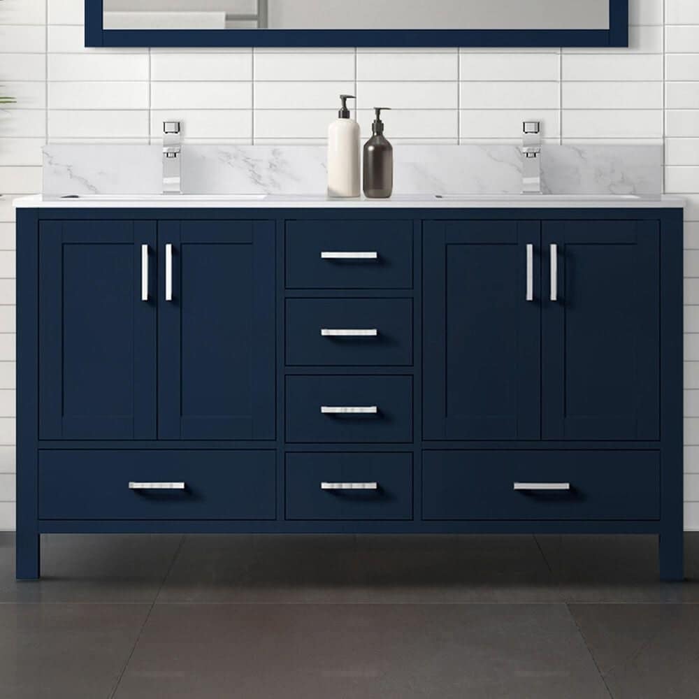 Lexora Home Jacques 60&quot; Double Bathroom Vanity in Navy Blue with 2 cm White Carrara Marble Top and Rectangular Sinks, , large