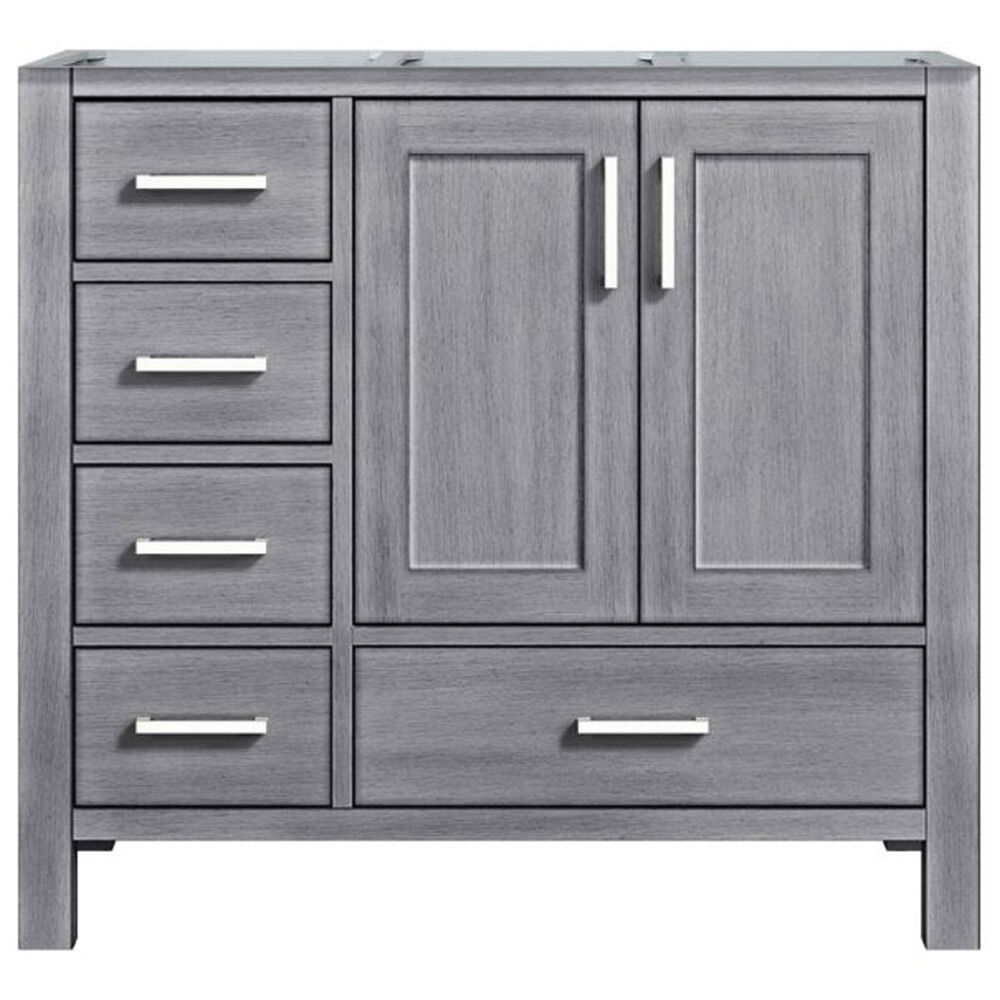 Lexora Home Jacques 36&quot; Right Offset Single Bathroom Vanity in Distressed Grey with 2 cm White Carrara Marble Top and Rectangular Sink, , large