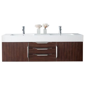 James Martin Mercer Island 59" Double Bathroom Vanity in Coffee Oak and Brushed Nickel with 10 cm Glossy White Solid Surface Top and Rectangular Sinks, , large