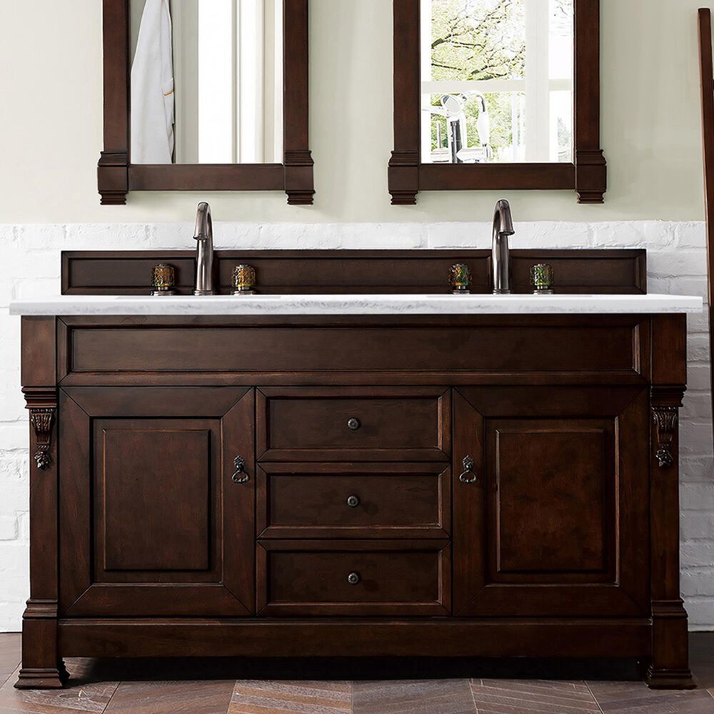 James Martin Vanities Brookfield 60&quot; Double Bathroom Vanity in Burnished Mahogany with 3 cm Arctic Fall Solid Surface Top and Rectangle Sink, , large