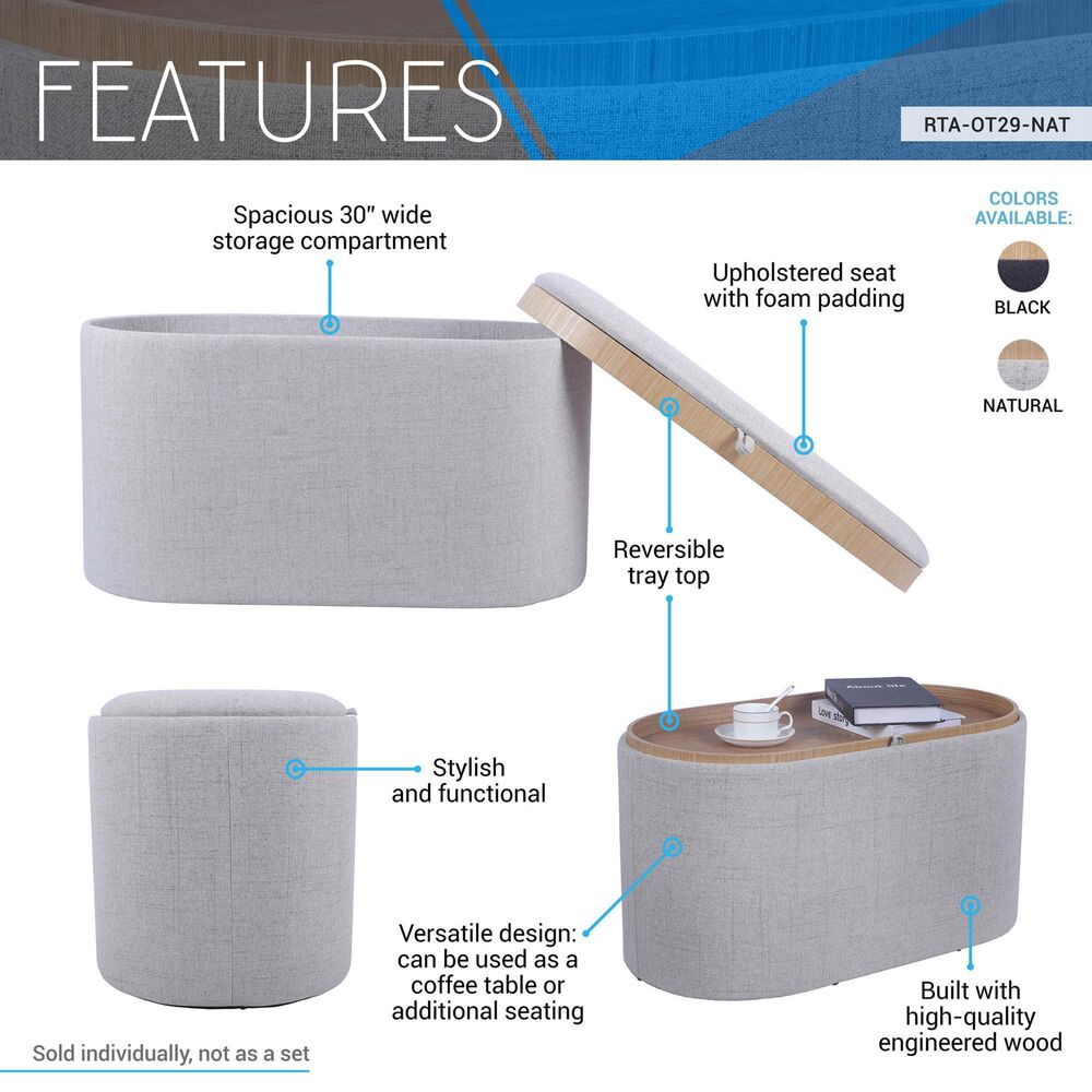 Rta Products Storage Ottoman with Reversible Tray Top in Natural, , large