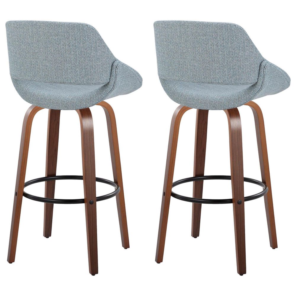 LumiSource Fabrico 30" Swivel Fixed-Height Bar Stool with Blue Noise Fabric Upholstery in Black and Walnut (Set of 2), , large