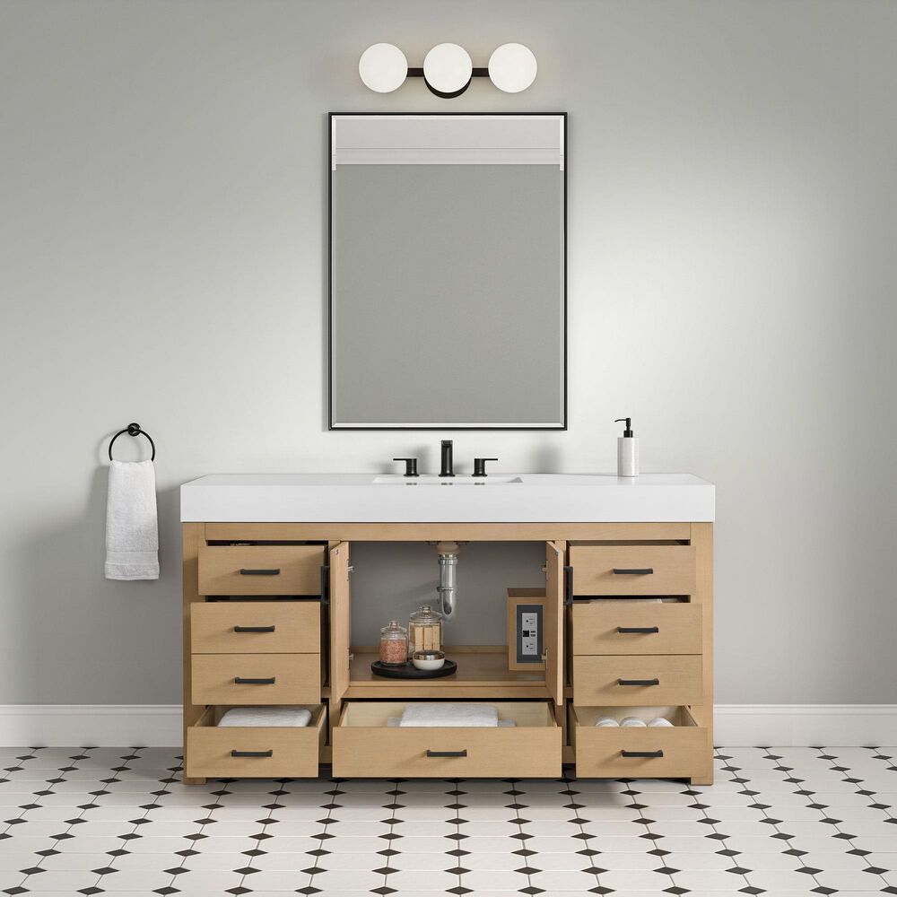 37B Alanya 60" Single Bathroom Vanity in Warm Oak with White Composite Stone Top, , large