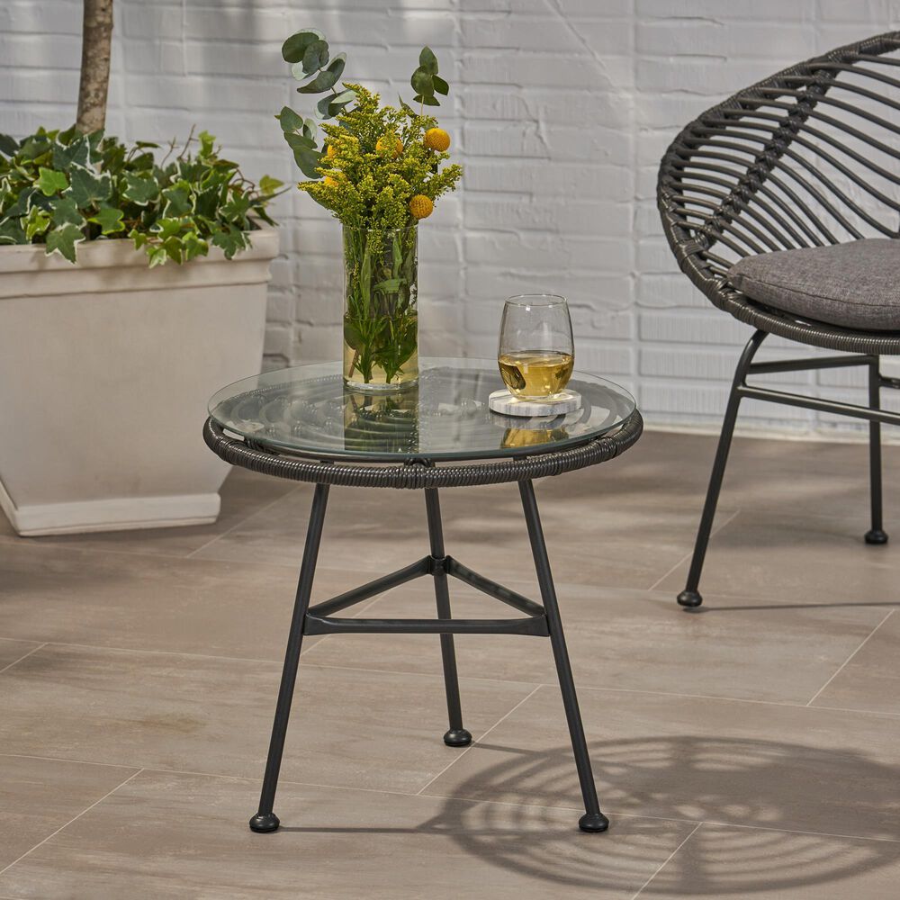 Hearth and Haven Orlando Outdoor Round Side Table with Glass Top in Gray, , large